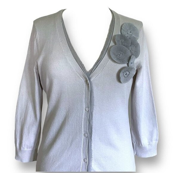 Ann Taylor LOFT Womens Cardigan S Gray Pima Cotton Floral Vneck Beaded Sweater - Picture 2 of 7